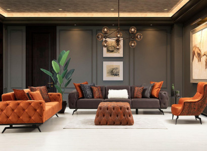 Couchgarnitur Viersitzer Dreisitzer Sessel Orange Sofa 3tlg Stoffsofa